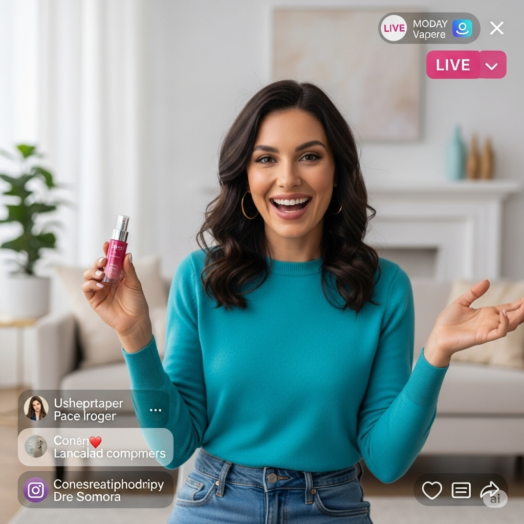 Apresentador em live mostrando produtos com comentários do público na tela